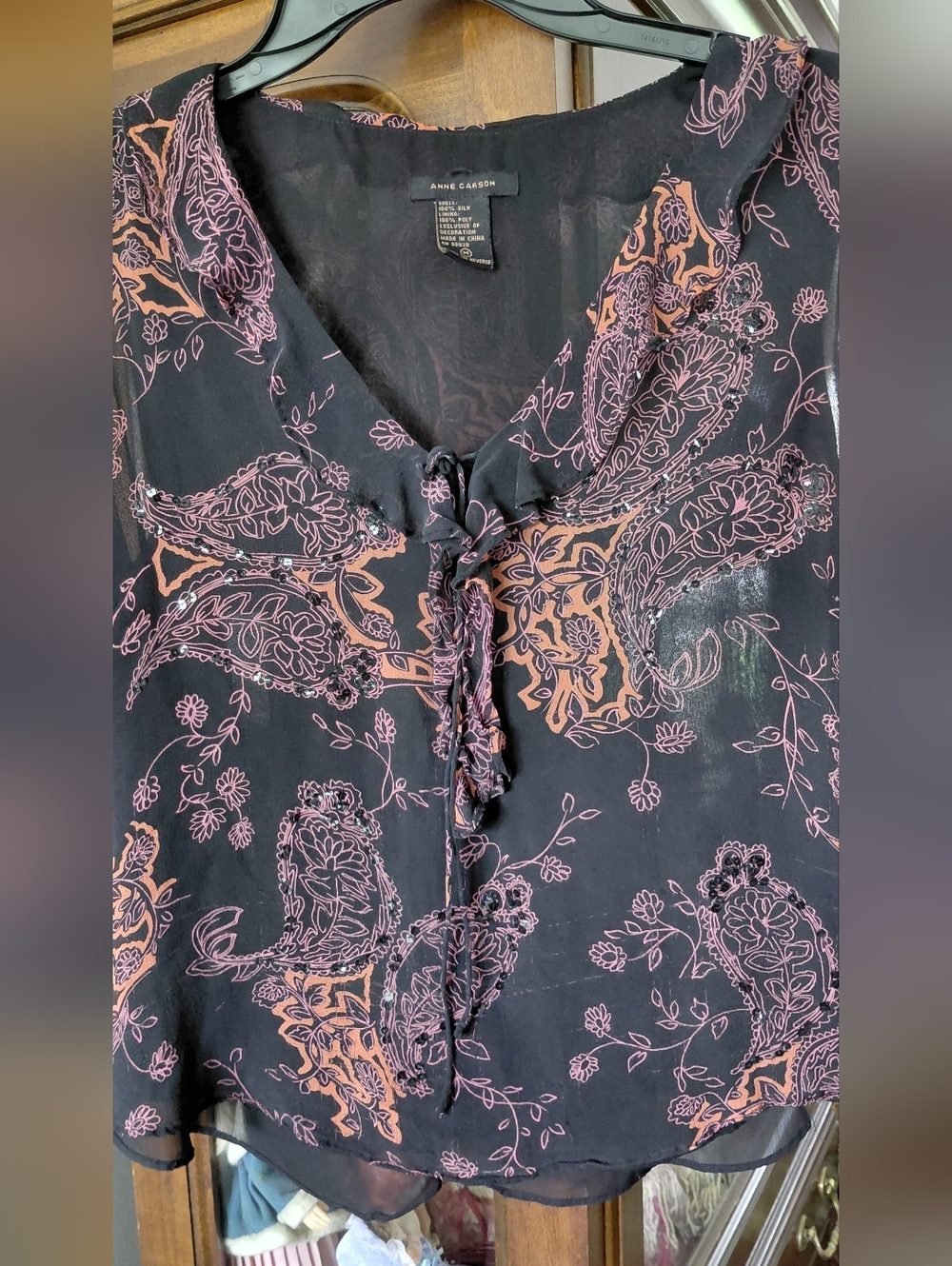 Anne Carson Black Top with Pink Paisley Motif N Sparkles Through